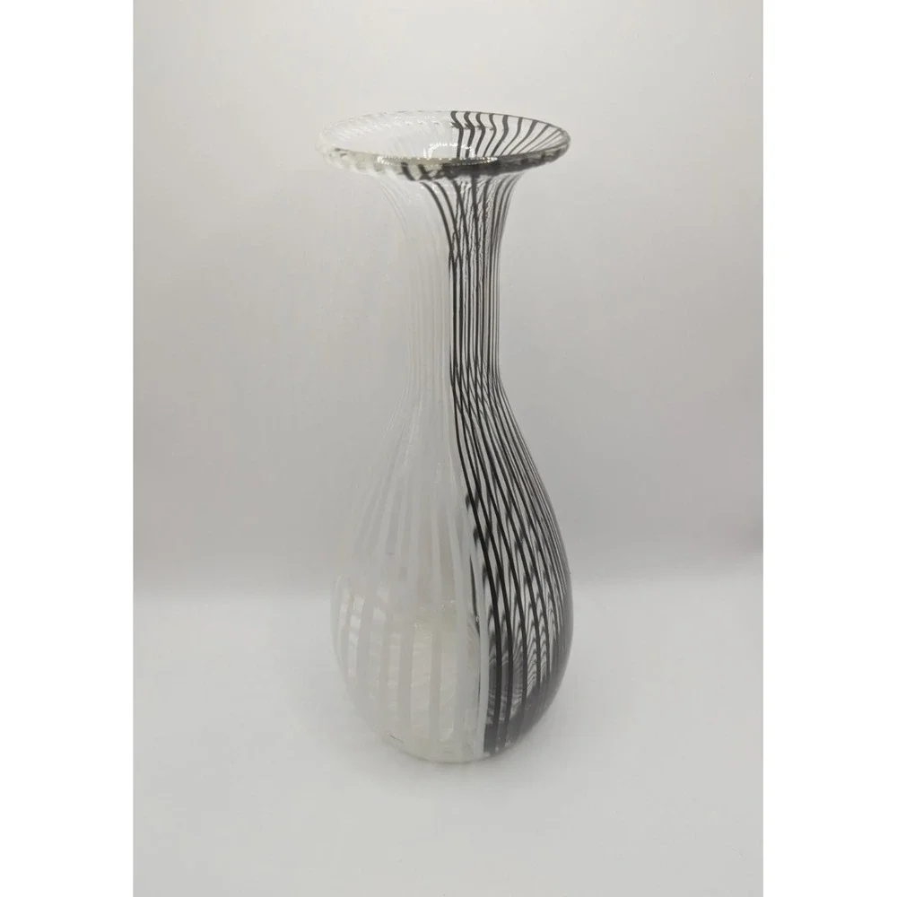 Hand Blown Art Glass Vase Black and White Striped Swirl Clear 10.5